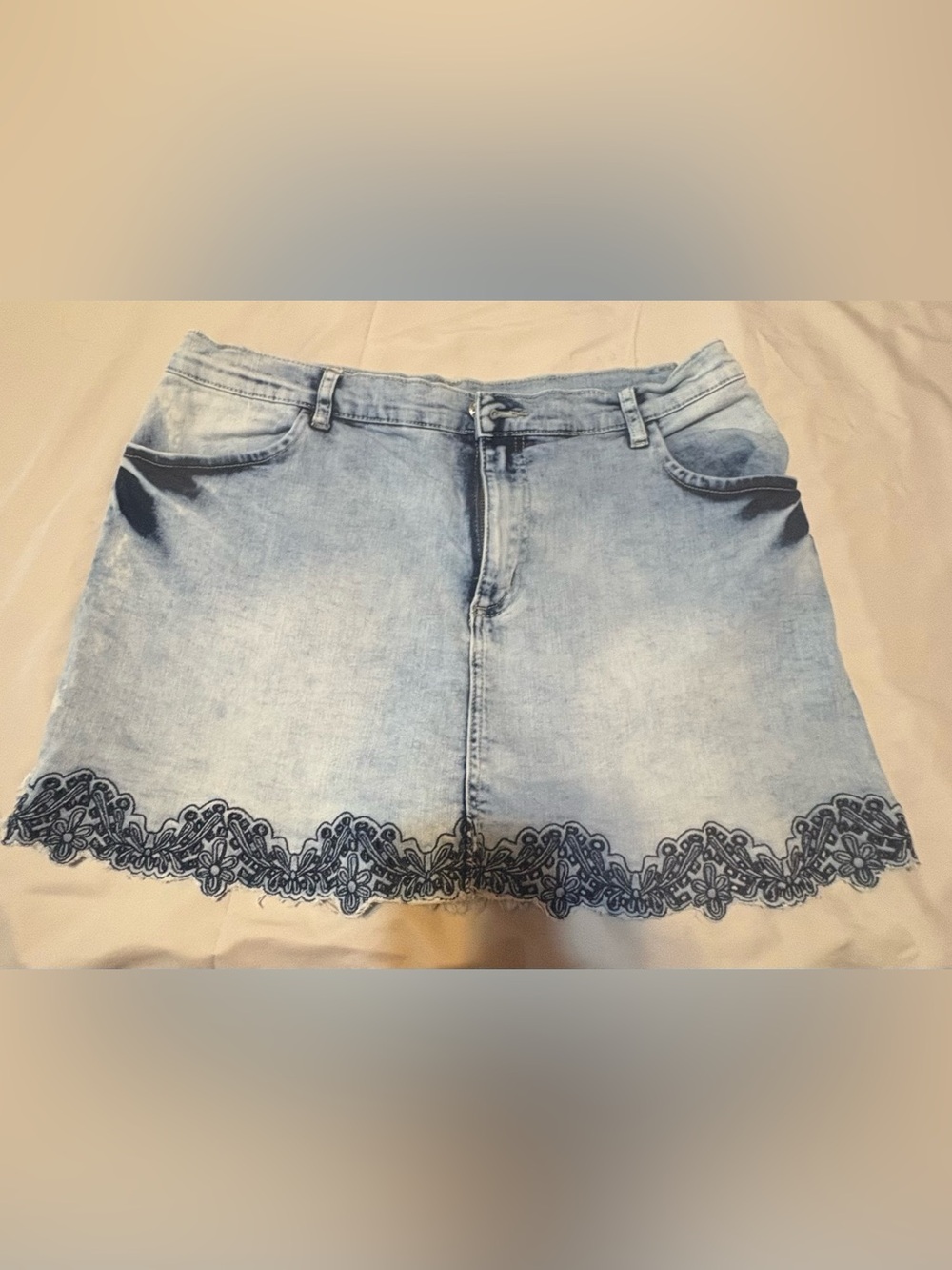 VENUS Light Blue Denim Skort with Navy Embroidered Hem.
